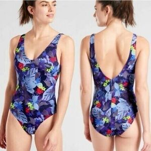Athleta TWILIGHT TROPIC V-NECK‎ ONE PIECE bathing suit Size Large Yacht Blue